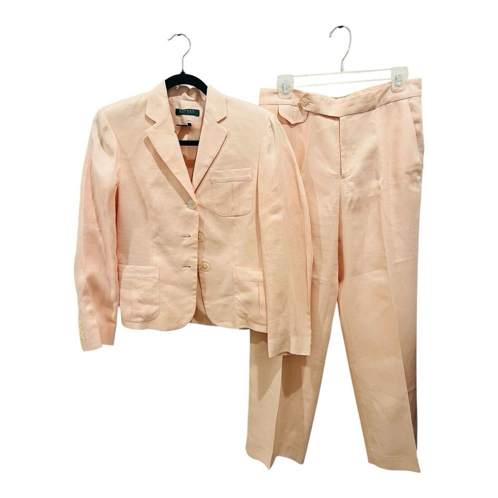 Vintage Lauren Ralph Lauren Pink Linen 2-Piece Pant Suit Blazer Trousers 8P Y2K